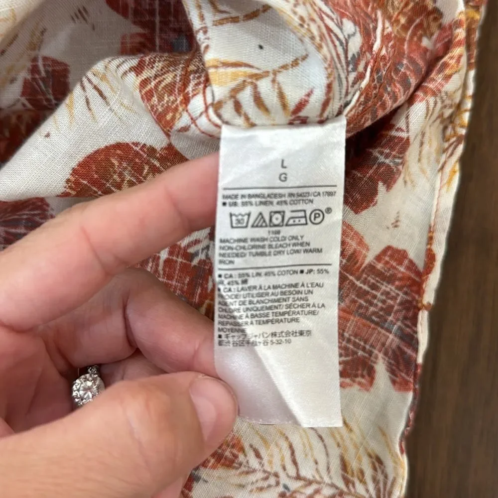 Banana Republic Linen Camp Shirt Slim Fit Tropical Floral Rust Cream Summer L